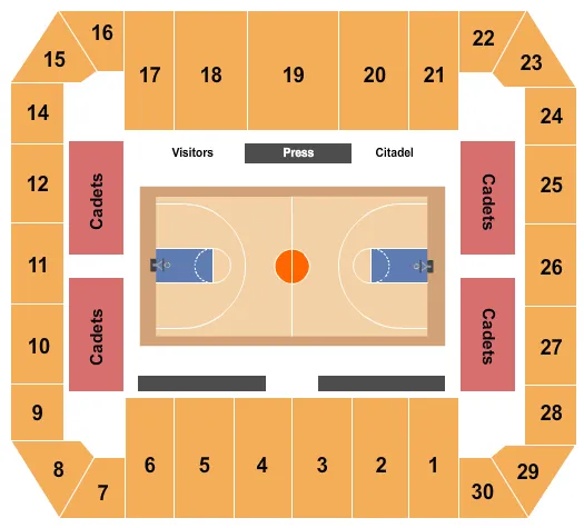 Basketball Seating Chart at Mcalister Field House. The chart shows the main floor/stage with seating options surrounding it, which are color coded