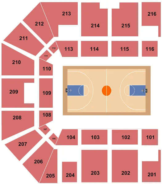 Basketball Seating Chart at Baptist Health Arena at Alumni Coliseum. The chart shows the main floor/stage with seating options surrounding it, which are color coded