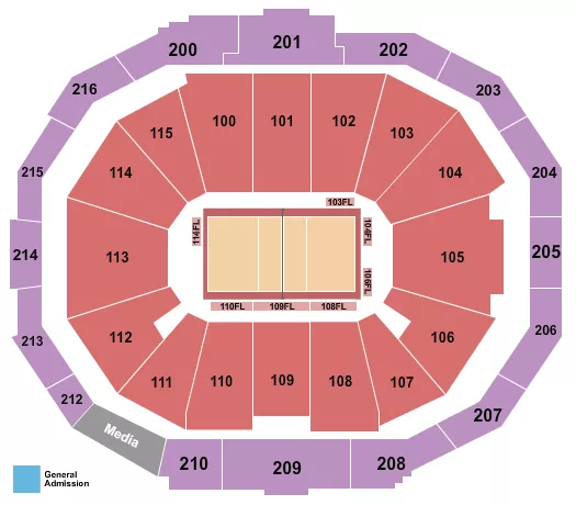 Volleyball Seating Chart at McCamish Pavilion. The chart shows the main floor/stage with seating options surrounding it, which are color coded