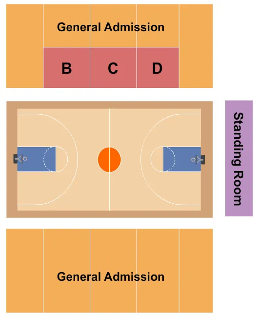 Basketball Seating Chart at McDermott Convocation Center. The chart shows the main floor/stage with seating options surrounding it, which are color coded