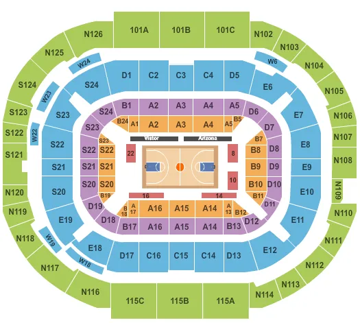 Basketball Seating Chart at McKale Center. The chart shows the main floor/stage with seating options surrounding it, which are color coded