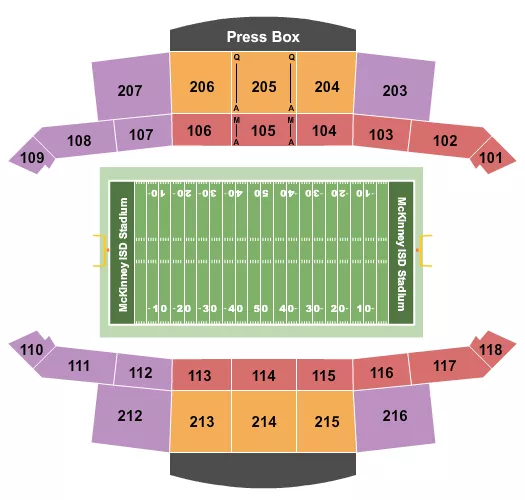 Football Seating Chart at McKinney ISD Stadium. The chart shows the main floor/stage with seating options surrounding it, which are color coded