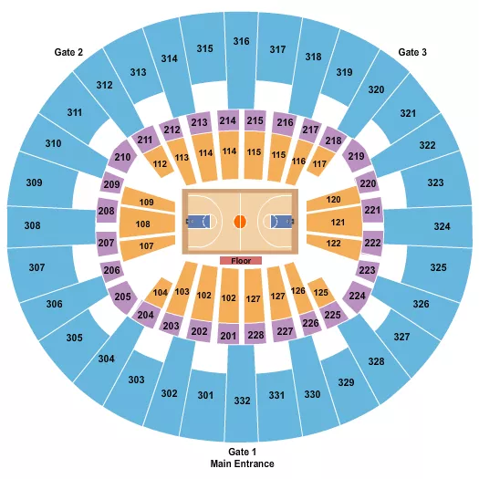 Basketball - Women Seating Chart at McKenzie Arena. The chart shows the main floor/stage with seating options surrounding it, which are color coded