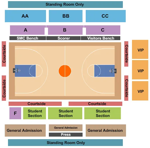 Basketball Seating Chart at University Credit Union Pavilion. The chart shows the main floor/stage with seating options surrounding it, which are color coded