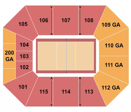 Northern Iowa Panthers Volleyball Seating Chart at McLeod Center. The chart shows the main floor/stage with seating options surrounding it, which are color coded