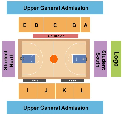 Basketball Seating Chart at Memorial Athletic and Convocation Center. The chart shows the main floor/stage with seating options surrounding it, which are color coded