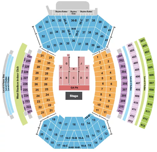 Endstage Seating Chart at Memorial Stadium. The chart shows the main floor/stage with seating options surrounding it, which are color coded