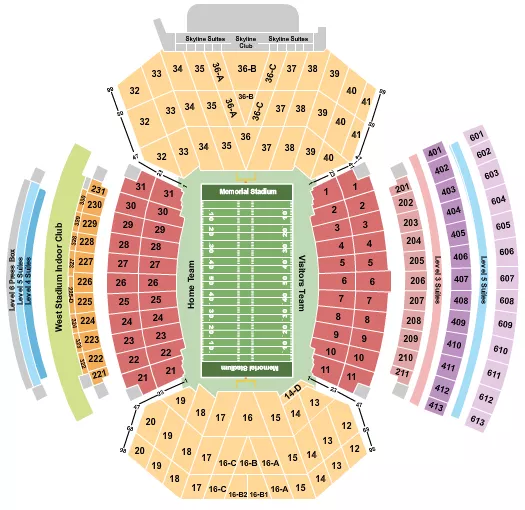 Football Seating Chart at Memorial Stadium. The chart shows the main floor/stage with seating options surrounding it, which are color coded