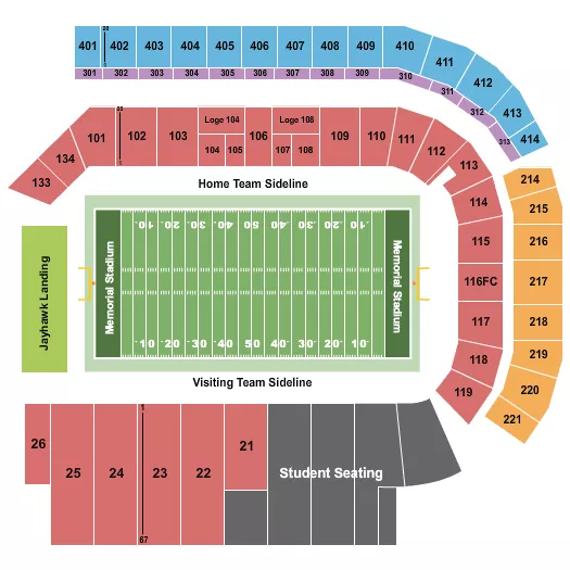 Football 2 Seating Chart at Memorial Stadium. The chart shows the main floor/stage with seating options surrounding it, which are color coded
