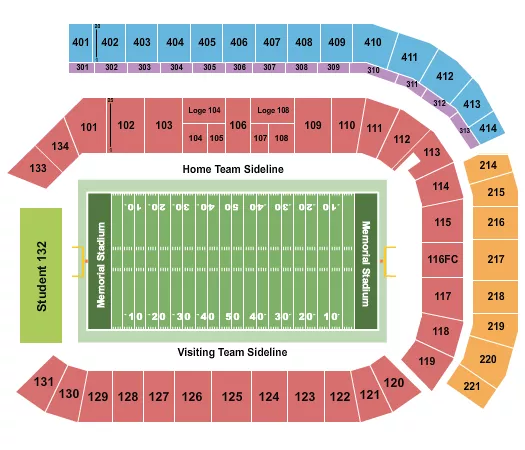 Football 2 Seating Chart at Memorial Stadium. The chart shows the main floor/stage with seating options surrounding it, which are color coded
