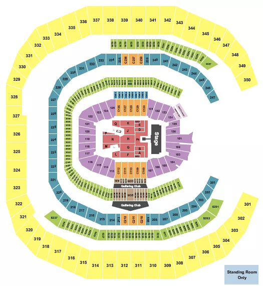 AC/DC Seating Chart at Mercedes-Benz Stadium. The chart shows the main floor/stage with seating options surrounding it, which are color coded