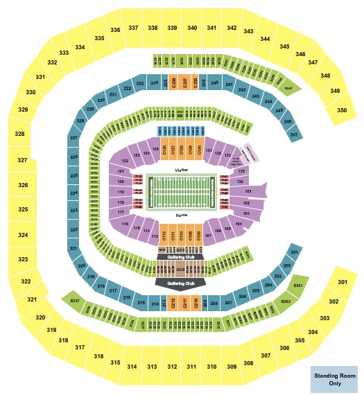 Football 2 Seating Chart at Mercedes-Benz Stadium. The chart shows the main floor/stage with seating options surrounding it, which are color coded