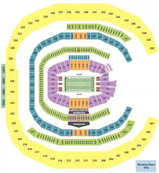 Football 2 Seating Chart at Mercedes-Benz Stadium. The chart shows the main floor/stage with seating options surrounding it, which are color coded