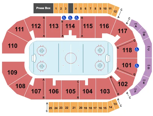 Hockey Seating Chart at Meridian Centre. The chart shows the main floor/stage with seating options surrounding it, which are color coded