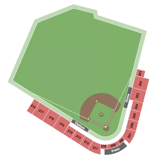 Baseball Seating Chart at Meritus Park. The chart shows the main floor/stage with seating options surrounding it, which are color coded