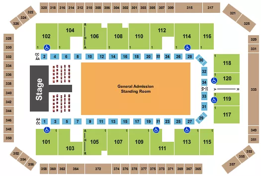 Endstage SRO/Tables Seating Chart at Gomez Western Wear Arena. The chart shows the main floor/stage with seating options surrounding it, which are color coded