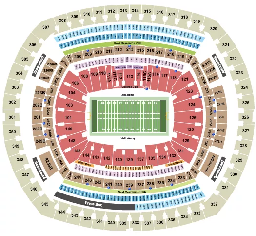 Football Jets - Rows Seating Chart at MetLife Stadium. The chart shows the main floor/stage with seating options surrounding it, which are color coded