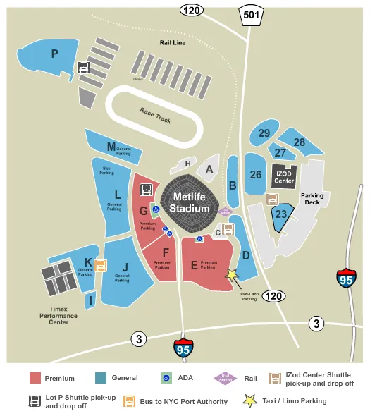 Parking - Giants Seating Chart at MetLife Stadium Parking Lots. The chart shows the main floor/stage with seating options surrounding it, which are color coded