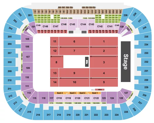 Concert Seating Chart at Nu Stadium at Miami Freedom Park. The chart shows the main floor/stage with seating options surrounding it, which are color coded