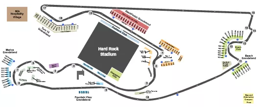 Grand Prix Racing Seating Chart at Miami International Autodrome At Hard Rock Stadium. The chart shows the main floor/stage with seating options surrounding it, which are color coded