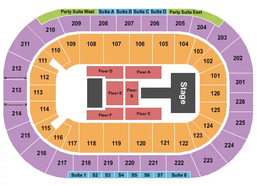 J Balvin 1 Seating Chart at Michelob ULTRA Arena At Mandalay Bay. The chart shows the main floor/stage with seating options surrounding it, which are color coded