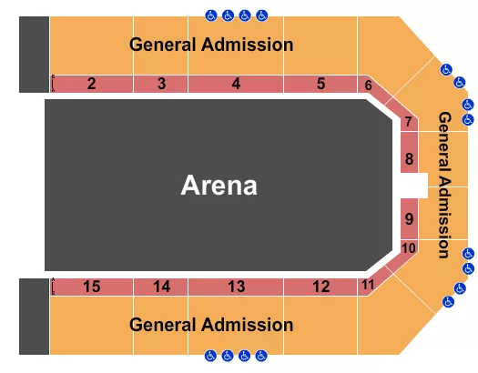 Circus Seating Chart at Michiana Event Center. The chart shows the main floor/stage with seating options surrounding it, which are color coded