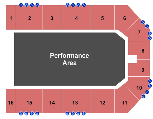 Performance Area Seating Chart at Michiana Event Center. The chart shows the main floor/stage with seating options surrounding it, which are color coded