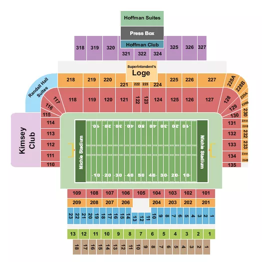 Football Seating Chart at Michie Stadium. The chart shows the main floor/stage with seating options surrounding it, which are color coded