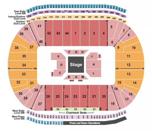 Concert - Center Stage Seating Chart at Michigan Stadium. The chart shows the main floor/stage with seating options surrounding it, which are color coded