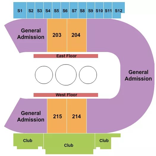 Carden Circus Seating Chart at Mid-America Center. The chart shows the main floor/stage with seating options surrounding it, which are color coded