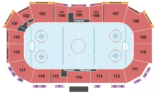 Hockey Seating Chart at Midco Arena. The chart shows the main floor/stage with seating options surrounding it, which are color coded