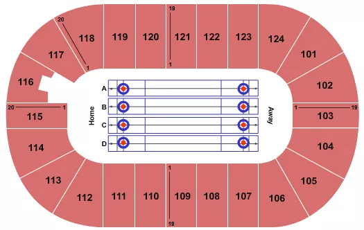 Curling Seating Chart at Mary Brown's Centre. The chart shows the main floor/stage with seating options surrounding it, which are color coded