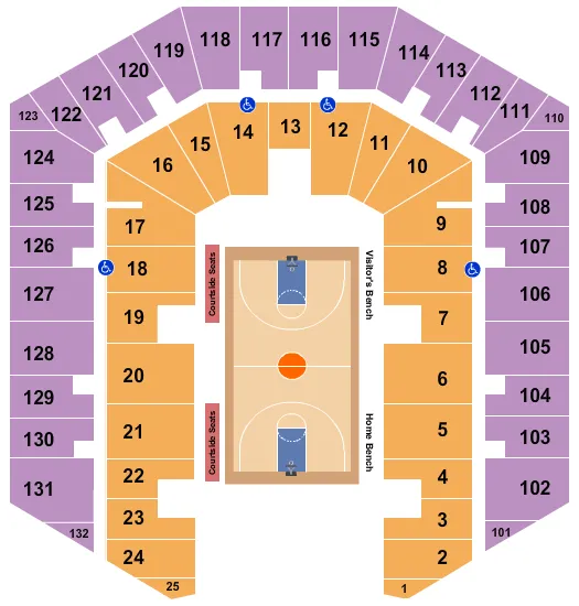 Basketball Seating Chart at Millett Hall. The chart shows the main floor/stage with seating options surrounding it, which are color coded