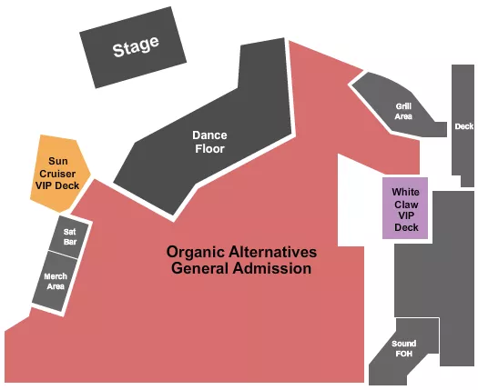 GA & VIP Deck Seating Chart at Mishawaka Amphitheatre. The chart shows the main floor/stage with seating options surrounding it, which are color coded