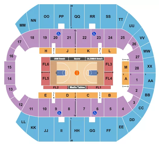 Basketball - NCAA Seating Chart at Mississippi Coast Coliseum. The chart shows the main floor/stage with seating options surrounding it, which are color coded