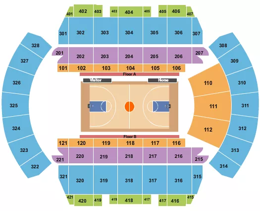 Basketball Seating Chart at Mississippi Coliseum. The chart shows the main floor/stage with seating options surrounding it, which are color coded