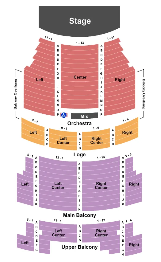 Endstage Seating Chart at Missouri Theatre. The chart shows the main floor/stage with seating options surrounding it, which are color coded