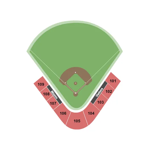 Softball Seating Chart at Mizzou Softball Stadium. The chart shows the main floor/stage with seating options surrounding it, which are color coded