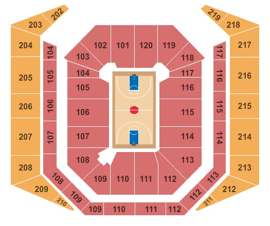 Basketball Seating Chart at Mizzou Arena. The chart shows the main floor/stage with seating options surrounding it, which are color coded