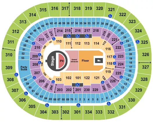 5 Seconds of Summer Seating Chart at Moda Center at the Rose Quarter. The chart shows the main floor/stage with seating options surrounding it, which are color coded