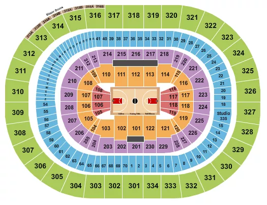 Basketball Seating Chart at Moda Center at the Rose Quarter. The chart shows the main floor/stage with seating options surrounding it, which are color coded