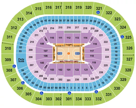 Basketball Seating Chart at Moda Center at the Rose Quarter. The chart shows the main floor/stage with seating options surrounding it, which are color coded