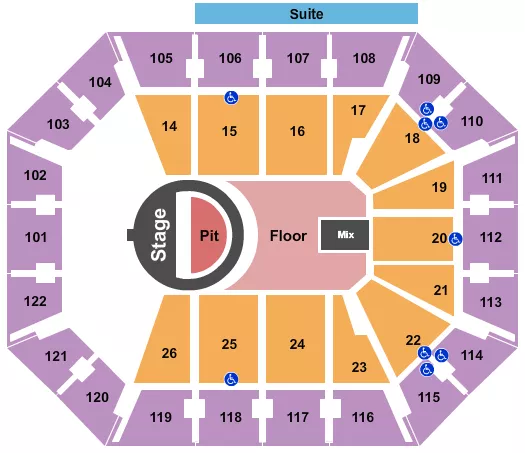 5 Seconds of Summer Seating Chart at Mohegan Sun Arena. The chart shows the main floor/stage with seating options surrounding it, which are color coded
