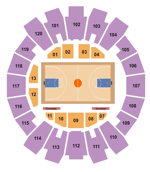 Basketball Seating Chart at Moody Coliseum - Abilene Christian University. The chart shows the main floor/stage with seating options surrounding it, which are color coded