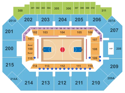 Basketball Seating Chart at Moody Coliseum. The chart shows the main floor/stage with seating options surrounding it, which are color coded