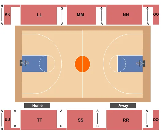 Basketball Seating Chart at Moore Gymnasium. The chart shows the main floor/stage with seating options surrounding it, which are color coded