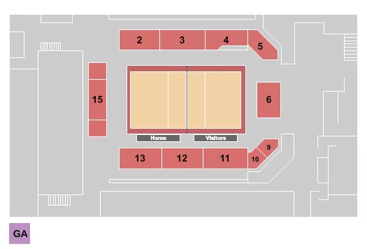 Volleyball Seating Chart at Morgan Family Arena. The chart shows the main floor/stage with seating options surrounding it, which are color coded