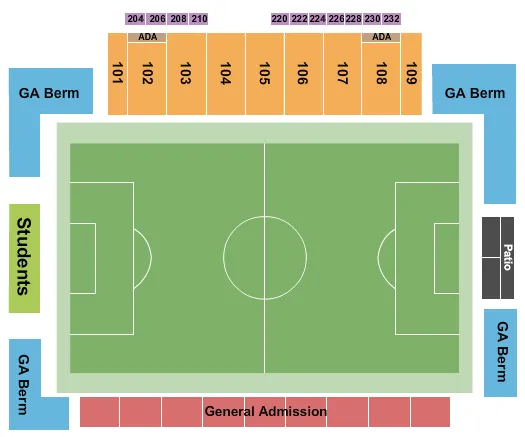 Soccer Seating Chart at Morrison Stadium. The chart shows the main floor/stage with seating options surrounding it, which are color coded