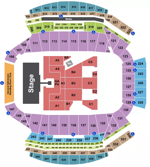 Foo Fighters Seating Chart at Mosaic Stadium. The chart shows the main floor/stage with seating options surrounding it, which are color coded