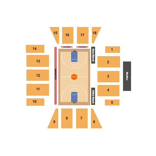 Basketball Seating Chart at Mott Athletic Center. The chart shows the main floor/stage with seating options surrounding it, which are color coded